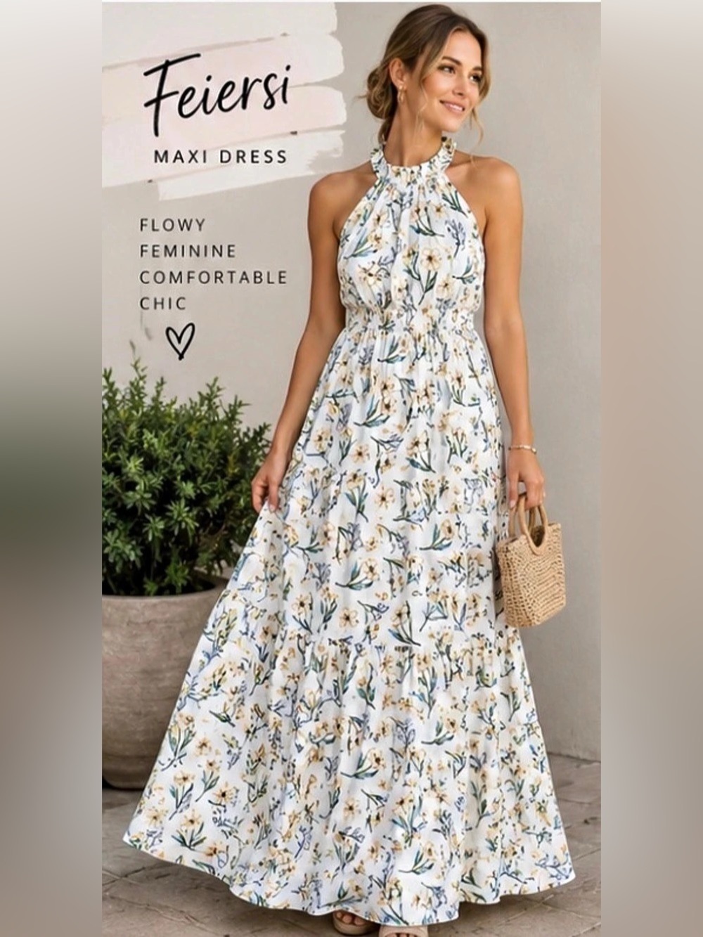 Feiersi Floral Halter Maxi Dress White & Blue XL NWT